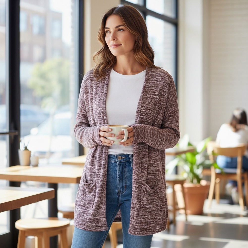 LOFT‎ plum heathered open knit cardigan sweater